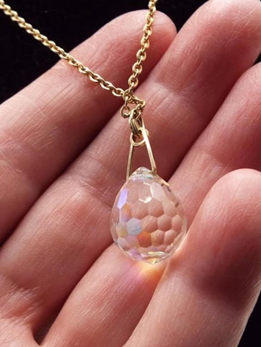 BRIOLETTE AURORA BOREALIS HONEYCOMB TEARDROP CRYSTAL GOLDEN CHAIN NECKLACE 21
